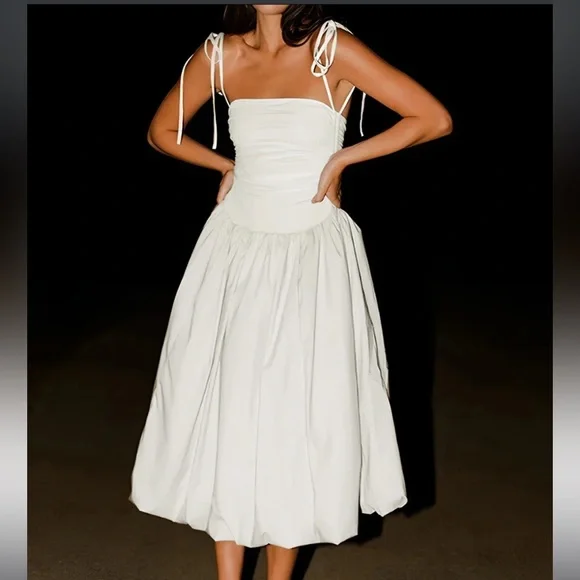 Commense XS White Tie Strap Midi Dress Cottagecore Minimalist Bubble Hem Dress - Picture 1 of 5